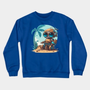 Cute little robot chilling on the beach Crewneck Sweatshirt